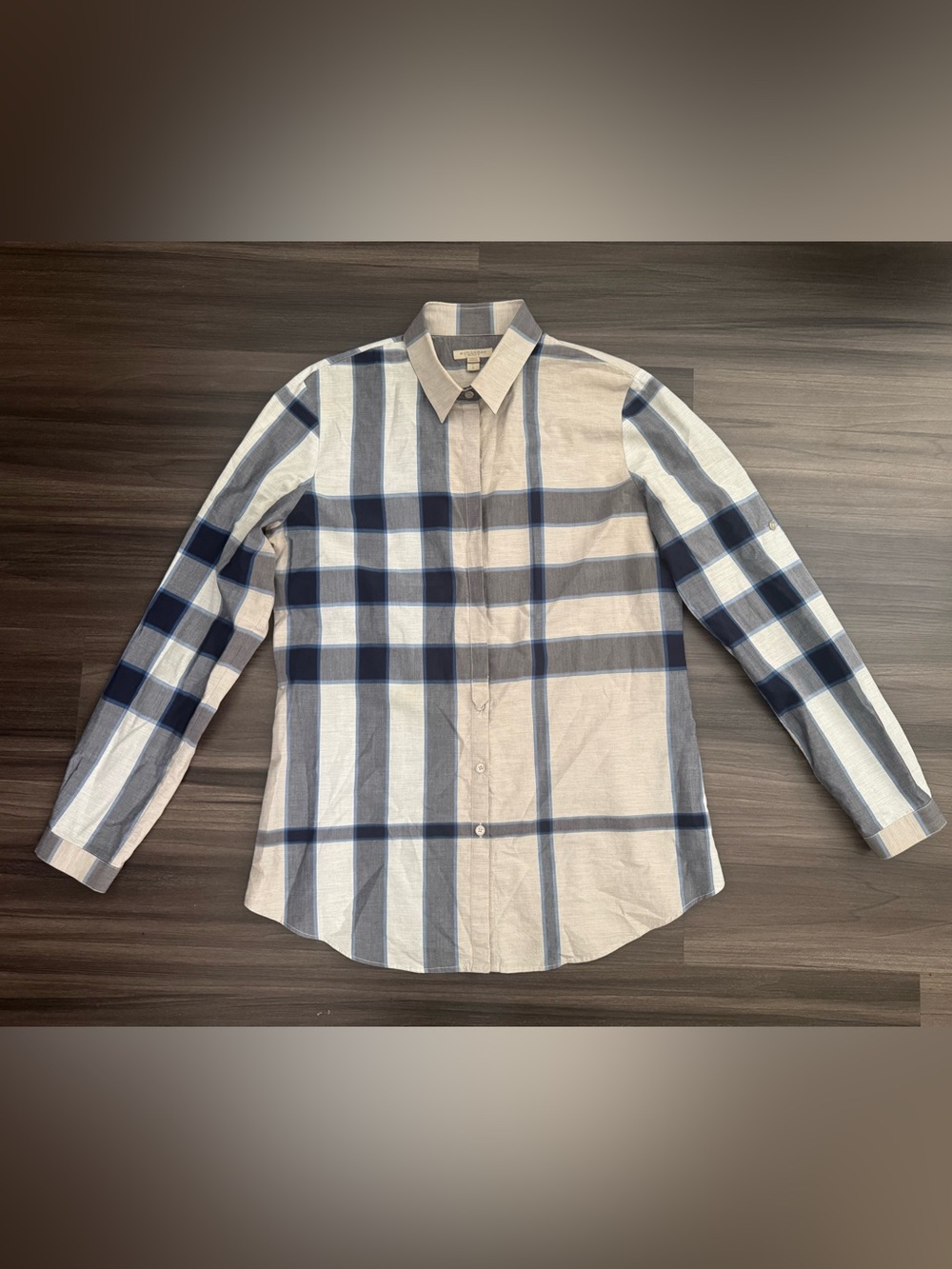 Burberry Brit Nova Check Plaid Gray Blue Cream Button Dress Shirt Women Large